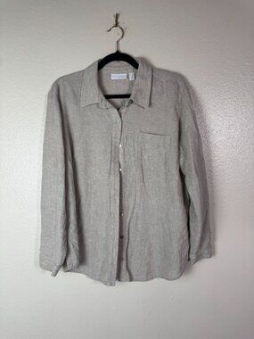 Susan Graver Pure Linen Blend Long Sleeve Button Up Top Women Large Petite Beige